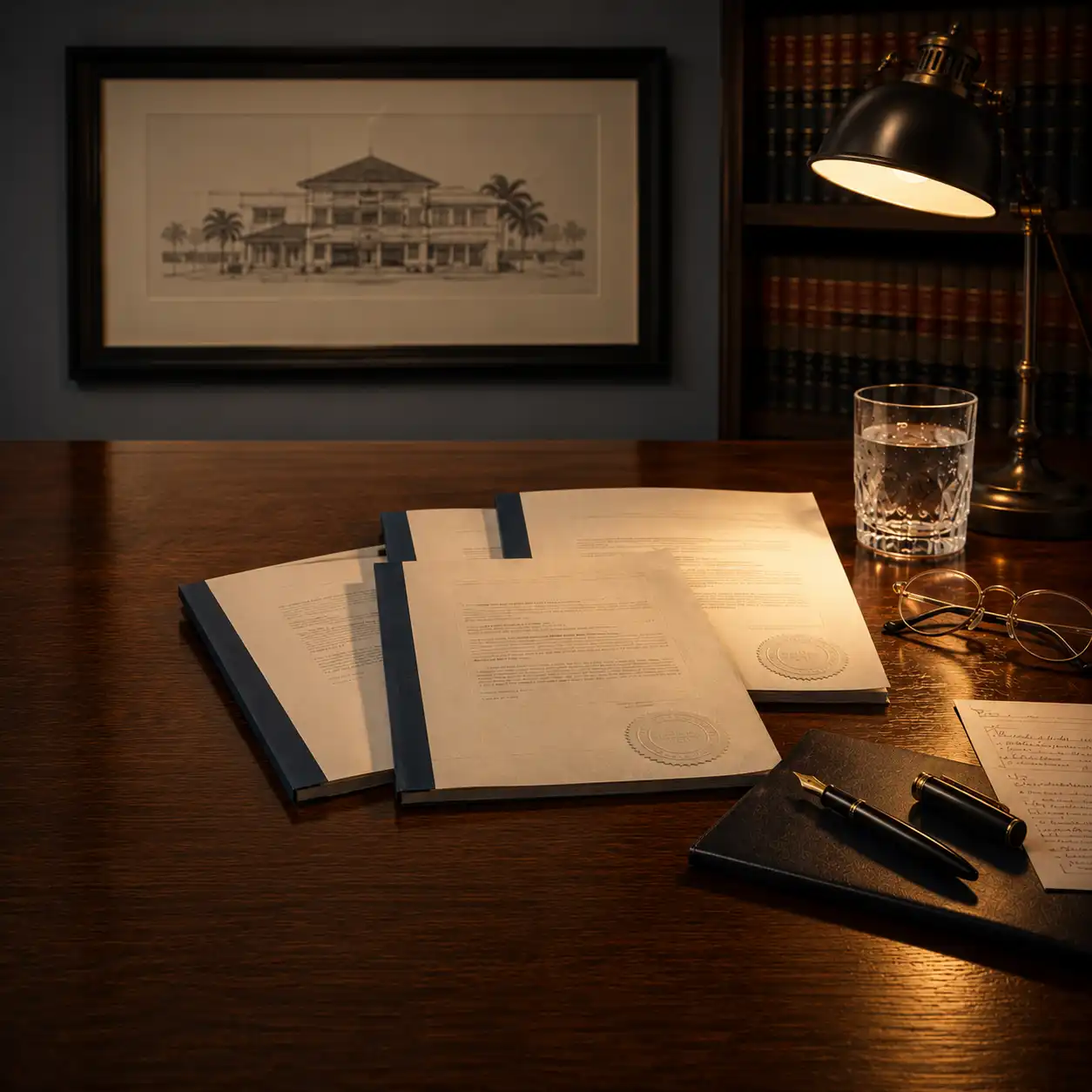 Legal documents on a polished wooden desk in a law office