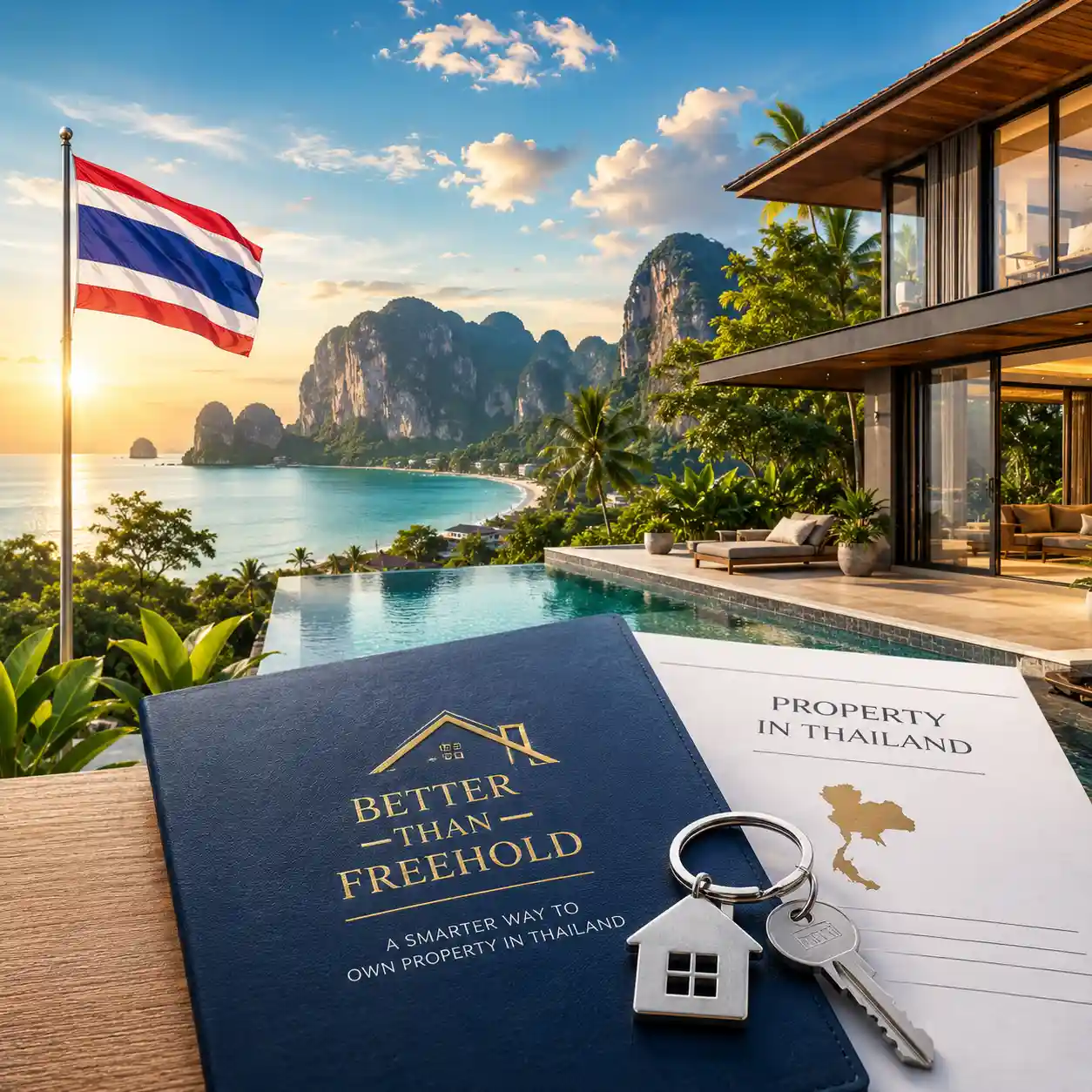 Better-than-Freehold property documents with Thailand map, house key, and luxury villa overlooking a tropical bay at sunset