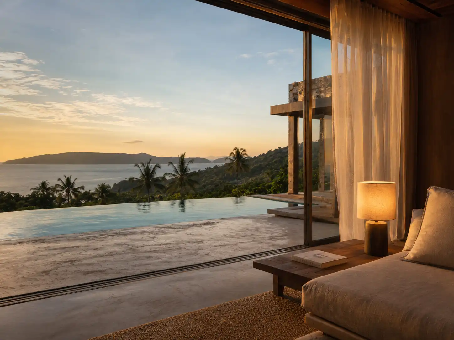 Modern luxury villa with infinity pool at dusk